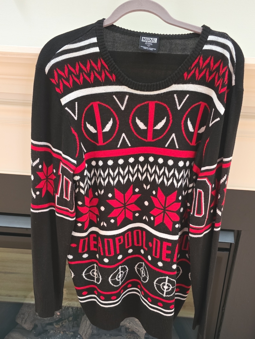 Marvel Deadpool Men’s Black, Red & White Holiday Crewneck Sweater